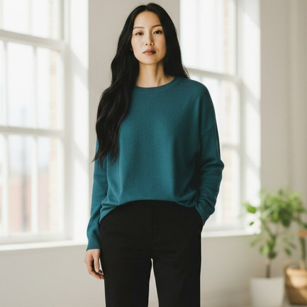 Trouve Blue Green Long Sleeve Pullover Round Neck Top Size XS